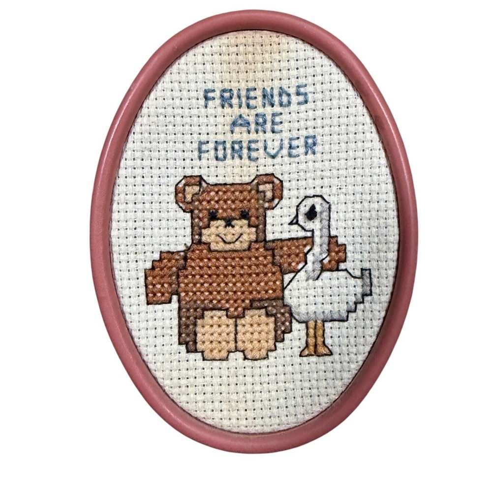Vintage Friends Are Forever Cross Stitch Bear Goose Pink Oval Frame Wall Decor
